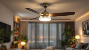 A photograph of a stylish ceiling fan with an integrated light kit installed in a beautifully designed living space