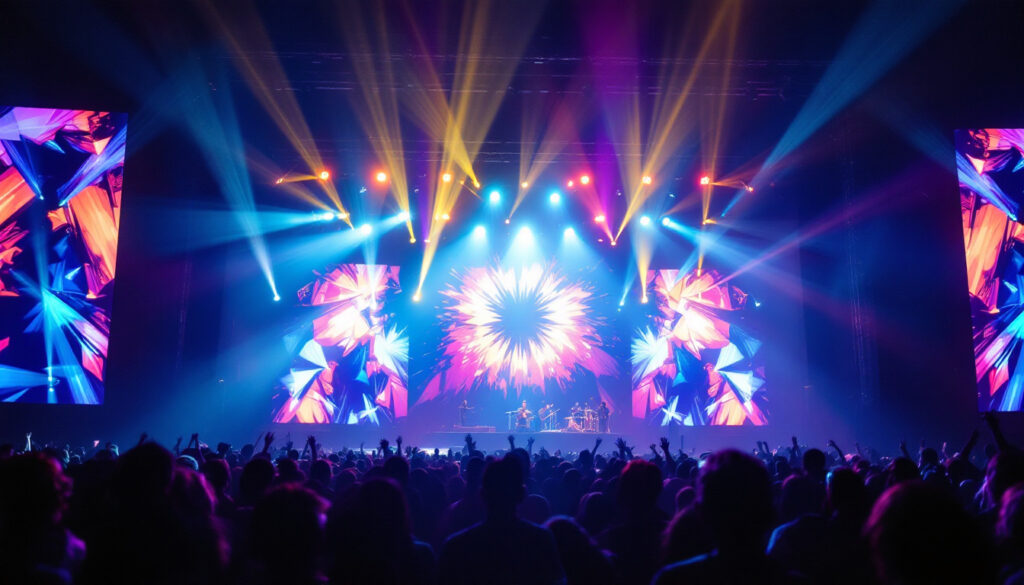 A photograph of a vibrant concert scene showcasing dynamic lighting fixtures in action