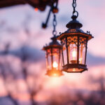 A photograph of a beautifully designed exterior hanging lantern illuminated at dusk