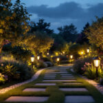 A photograph of a beautifully illuminated garden at dusk