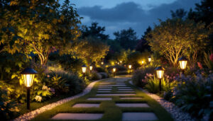 A photograph of a beautifully illuminated garden at dusk