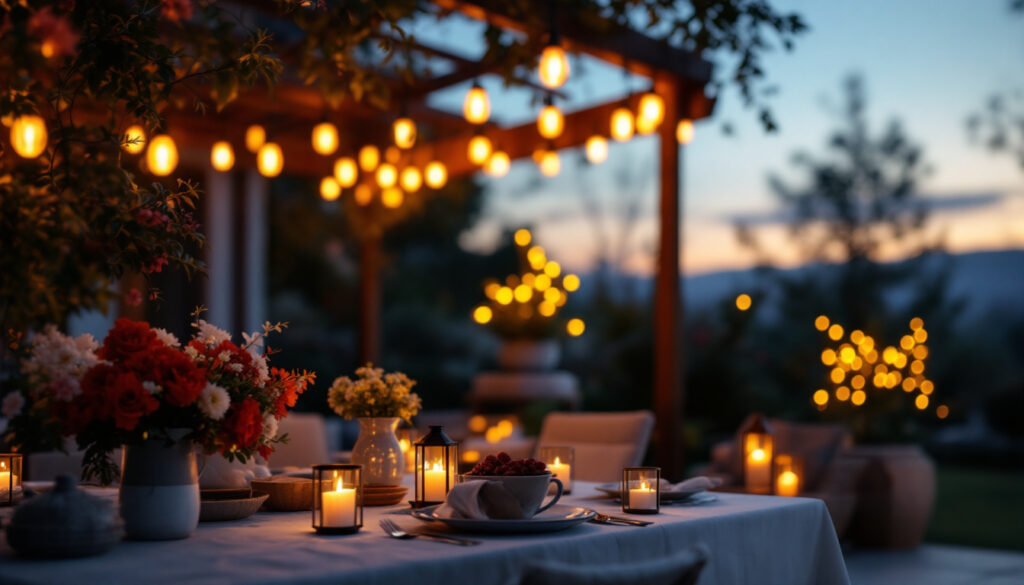 A photograph of a beautifully arranged outdoor setting illuminated by hanging lantern lights at dusk