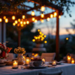 A photograph of a beautifully arranged outdoor setting illuminated by hanging lantern lights at dusk