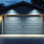 A photograph of a well-lit outdoor garage space at dusk