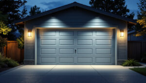 A photograph of a well-lit outdoor garage space at dusk