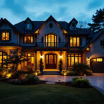 A photograph of a beautifully illuminated exterior house at dusk