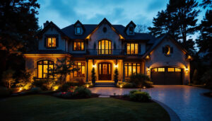 A photograph of a beautifully illuminated exterior house at dusk