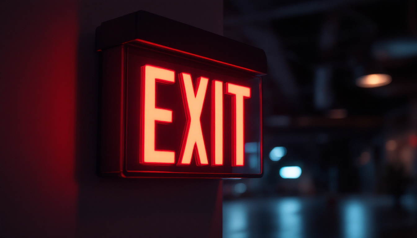 A photograph of a battery-powered exit sign illuminated in a dimly lit environment