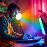 A photograph of a skilled lighting contractor working with vibrant rgb lights in a dynamic setting