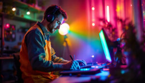A photograph of a skilled lighting contractor working with vibrant rgb lights in a dynamic setting
