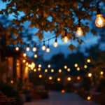 A photograph of a beautifully lit outdoor space adorned with led string bulbs