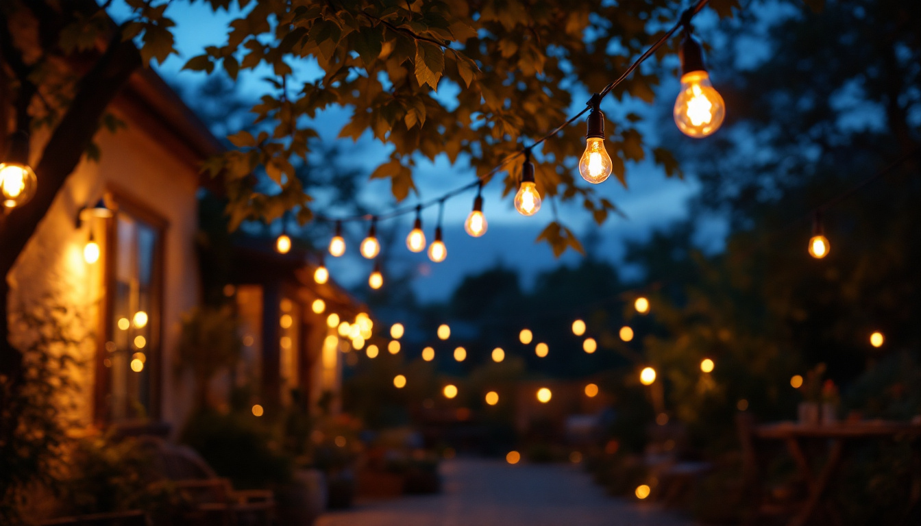A photograph of a beautifully lit outdoor space adorned with led string bulbs