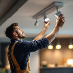 A photograph of a skilled lighting contractor installing sleek led track lights in a modern interior space