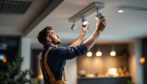A photograph of a skilled lighting contractor installing sleek led track lights in a modern interior space