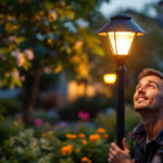 A photograph of a skilled lighting contractor expertly installing a solar lamp post in a beautifully landscaped outdoor setting