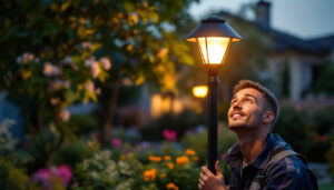 A photograph of a skilled lighting contractor expertly installing a solar lamp post in a beautifully landscaped outdoor setting