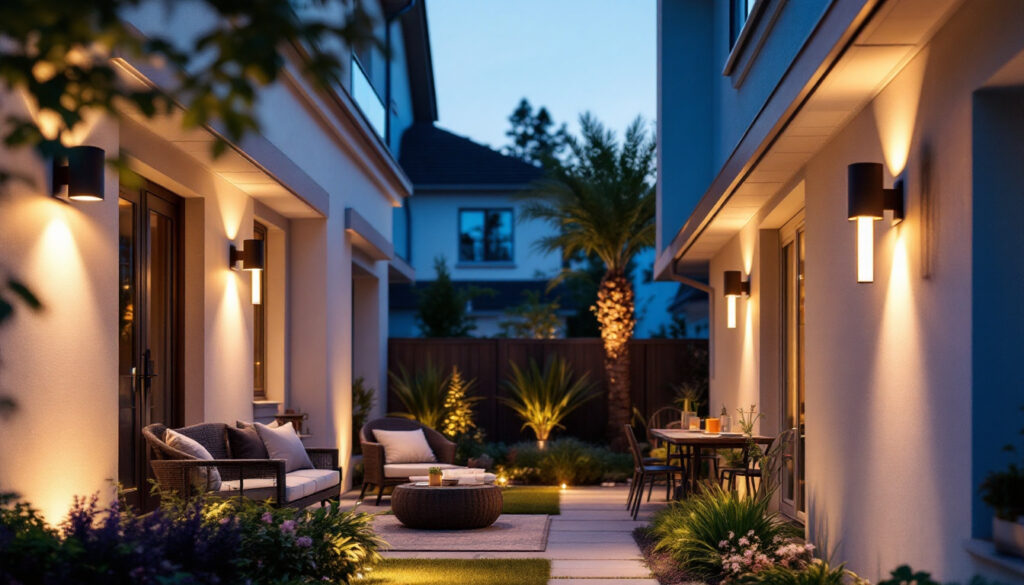 A photograph of a beautifully lit outdoor space showcasing various styles of exterior led light fixtures in use