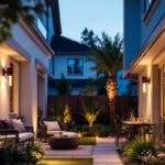 A photograph of a beautifully lit outdoor space showcasing various styles of exterior led light fixtures in use
