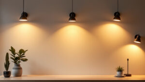 A photograph of a well-lit room featuring various styles of can lights installed in a modern residential setting