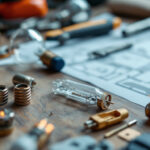 A photograph of a close-up of various light bulb connector types arranged aesthetically on a wooden workbench