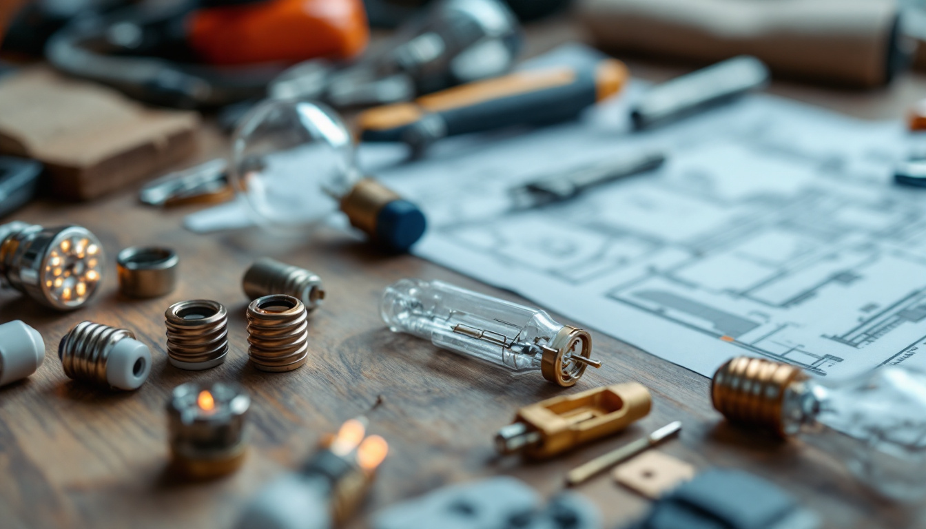 A photograph of a close-up of various light bulb connector types arranged aesthetically on a wooden workbench