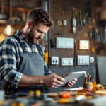 A photograph of a lighting contractor examining various types of light switches in a well-lit workshop