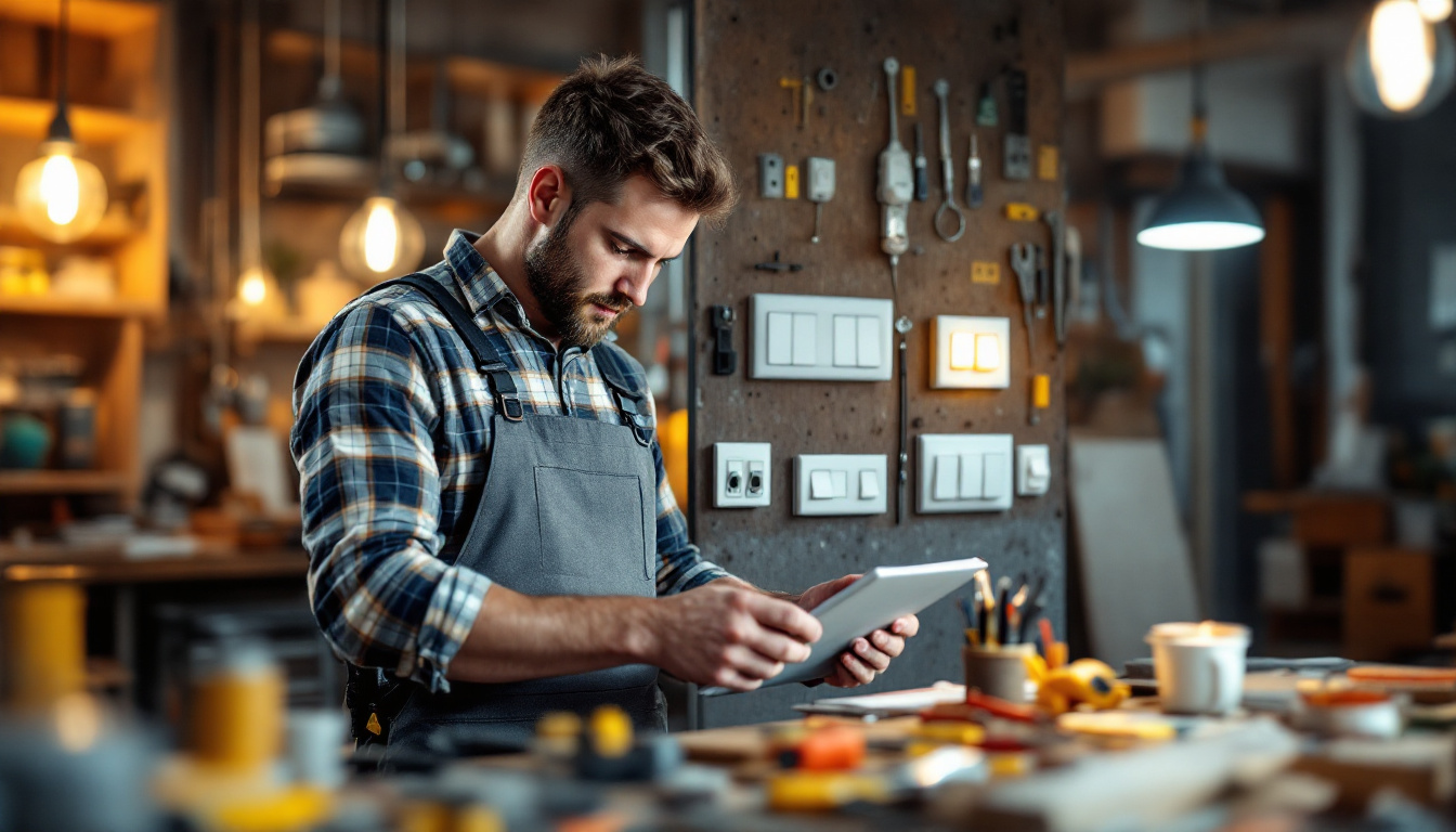 A photograph of a lighting contractor examining various types of light switches in a well-lit workshop