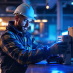 A photograph of a lighting contractor using a uv light sterilizer in a commercial setting