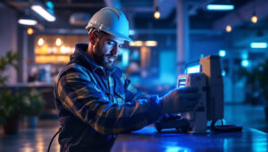 A photograph of a lighting contractor using a uv light sterilizer in a commercial setting