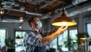 A photograph of a skilled lighting contractor installing or adjusting a stylish commercial light fixture in a modern workspace