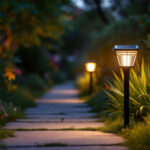 A photograph of a beautifully designed solar-powered outdoor light illuminating a garden pathway at dusk