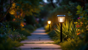 A photograph of a beautifully designed solar-powered outdoor light illuminating a garden pathway at dusk