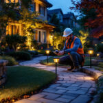 A photograph of a well-lit backyard scene featuring various styles of solar lights illuminating pathways and garden areas