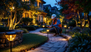 A photograph of a well-lit backyard scene featuring various styles of solar lights illuminating pathways and garden areas
