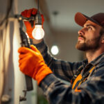 A photograph of a skilled lighting contractor in action