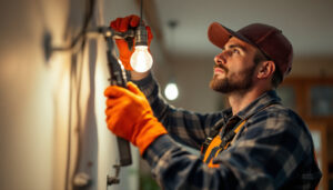 A photograph of a skilled lighting contractor in action