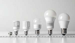 A photograph of a well-organized display of various light bulb bases and sockets