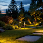 A photograph of a beautifully landscaped outdoor space illuminated by stylish lawn solar lights at dusk