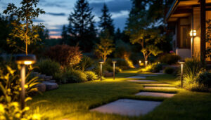 A photograph of a beautifully landscaped outdoor space illuminated by stylish lawn solar lights at dusk