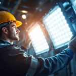 A photograph of a lighting contractor installing or adjusting high intensity discharge (hid) lights in an industrial or commercial setting