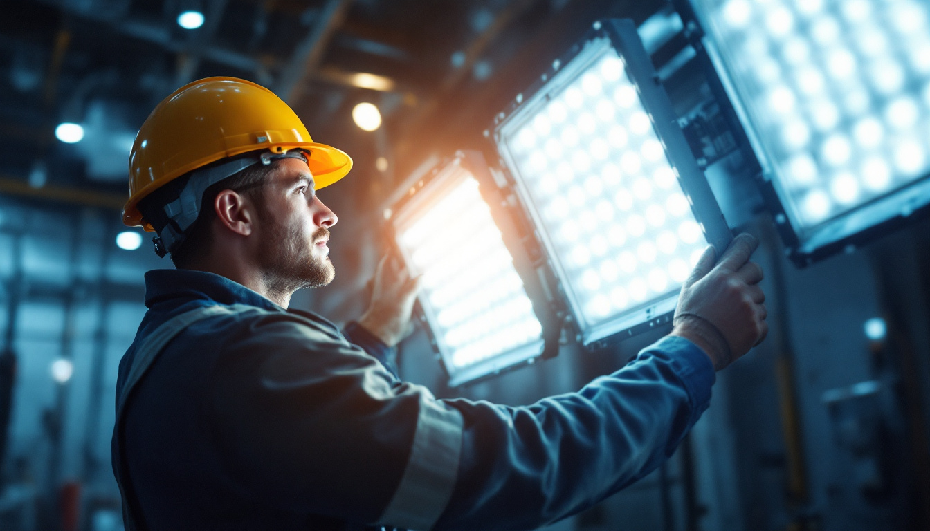 A photograph of a lighting contractor installing or adjusting high intensity discharge (hid) lights in an industrial or commercial setting