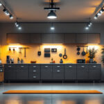 A photograph of a well-lit garage showcasing various lighting options