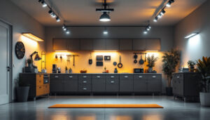 A photograph of a well-lit garage showcasing various lighting options