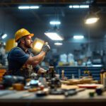 A photograph of a well-lit workshop or garage setting featuring a variety of led shop lights in use