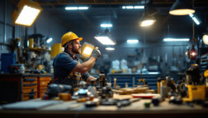 A photograph of a well-lit workshop or garage setting featuring a variety of led shop lights in use
