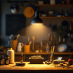A photograph of a well-lit workspace featuring a 4-foot shop light illuminating various tools and materials