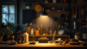 A photograph of a well-lit workspace featuring a 4-foot shop light illuminating various tools and materials