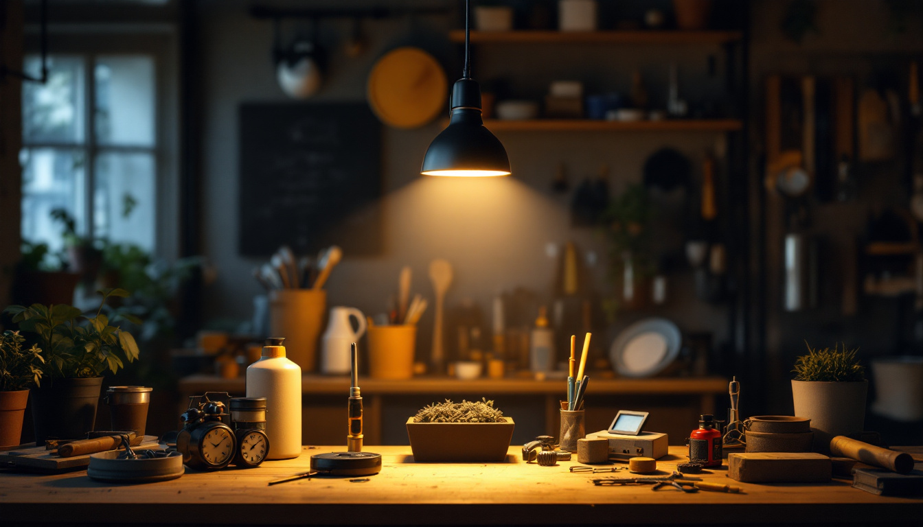 A photograph of a well-lit workspace featuring a 4-foot shop light illuminating various tools and materials
