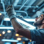 A photograph of a lighting contractor skillfully installing or replacing fluorescent light bulbs in a commercial or residential setting