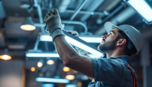 A photograph of a lighting contractor skillfully installing or replacing fluorescent light bulbs in a commercial or residential setting